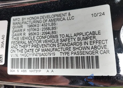 2025 Honda Accord Se from USA, damaged, VIN 1HGCY1F47SA007919